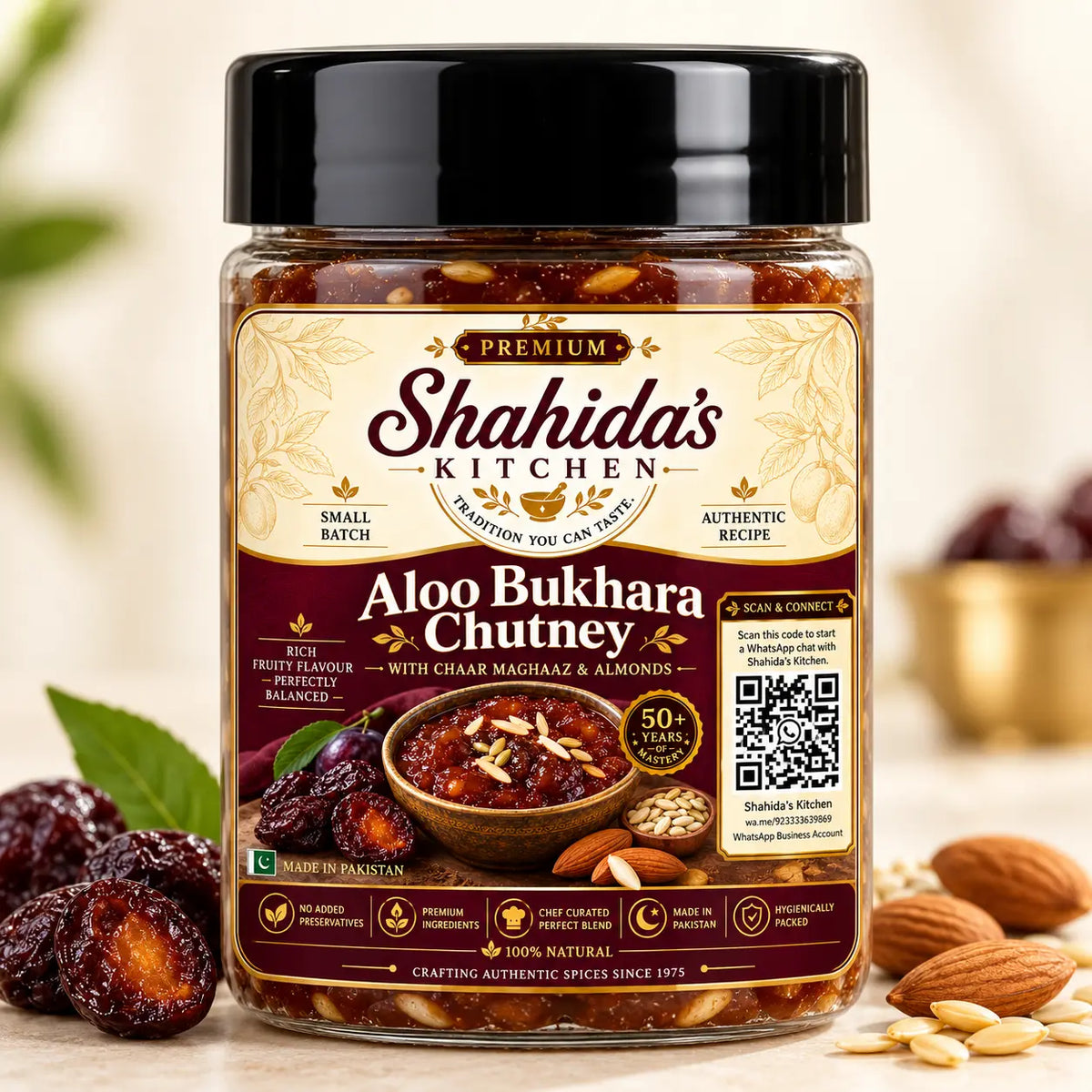 Shahida's Kitchen Aloo Bukhara Chutney 300g jar with almonds, Chaar Maghaz and dried plums