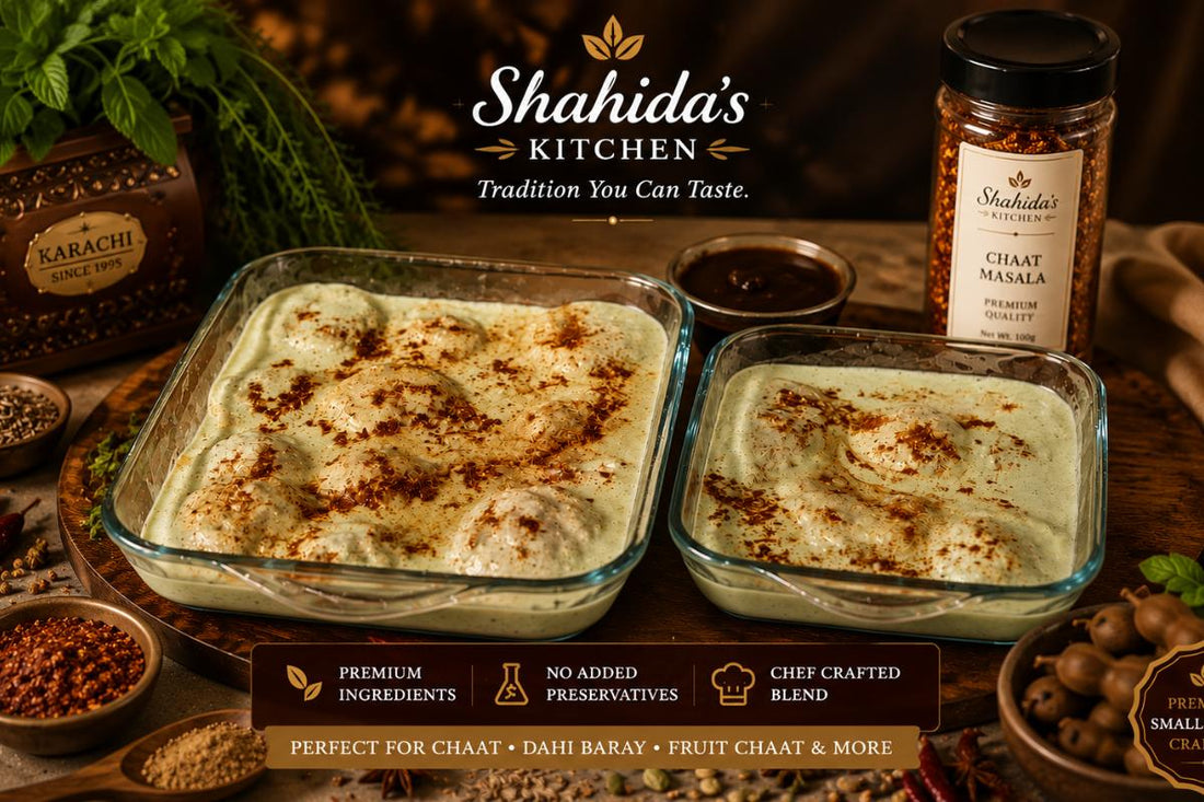 Dahi Baray - Soft, soaked lentil dumplings buried under cold yogurt, layered with sweet-tangy Shahida's imli chutney, and a generous dusting of Shahida's chaat masala