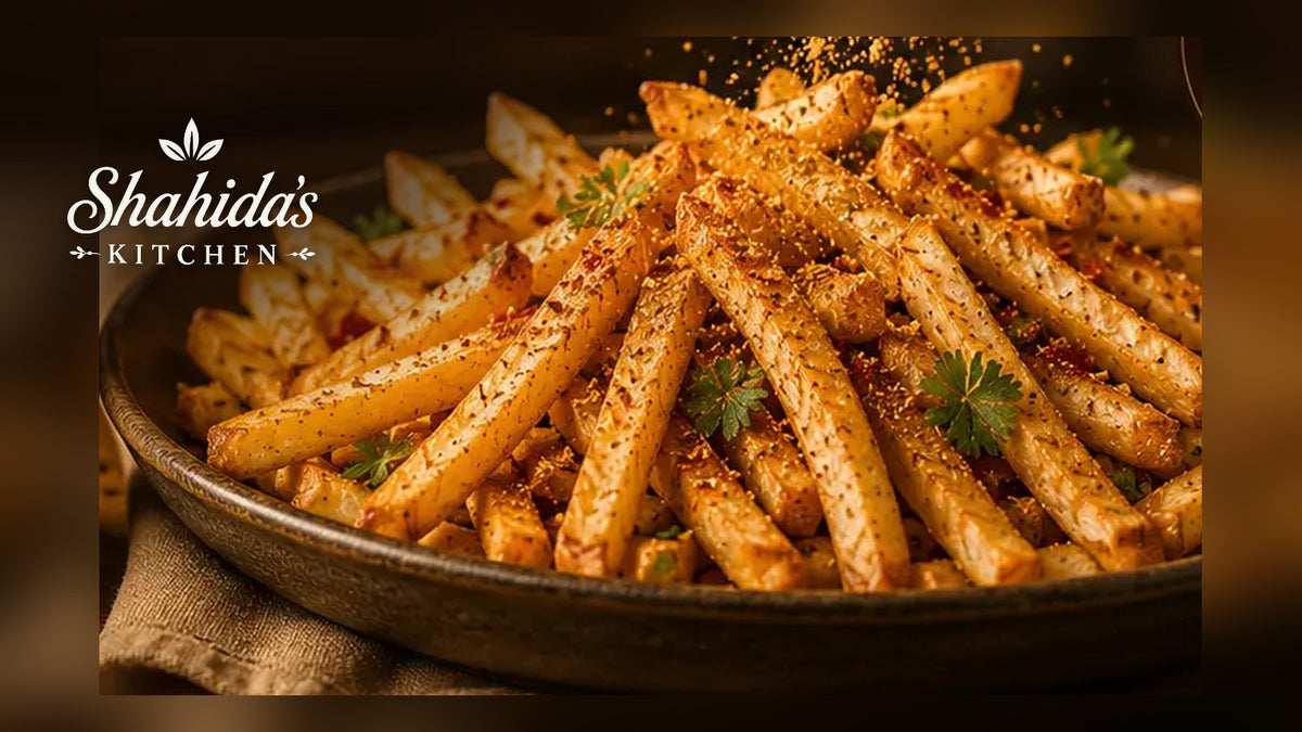 Crispy homemade masala fries dusted with Shahida's Kitchen Chaat Masala