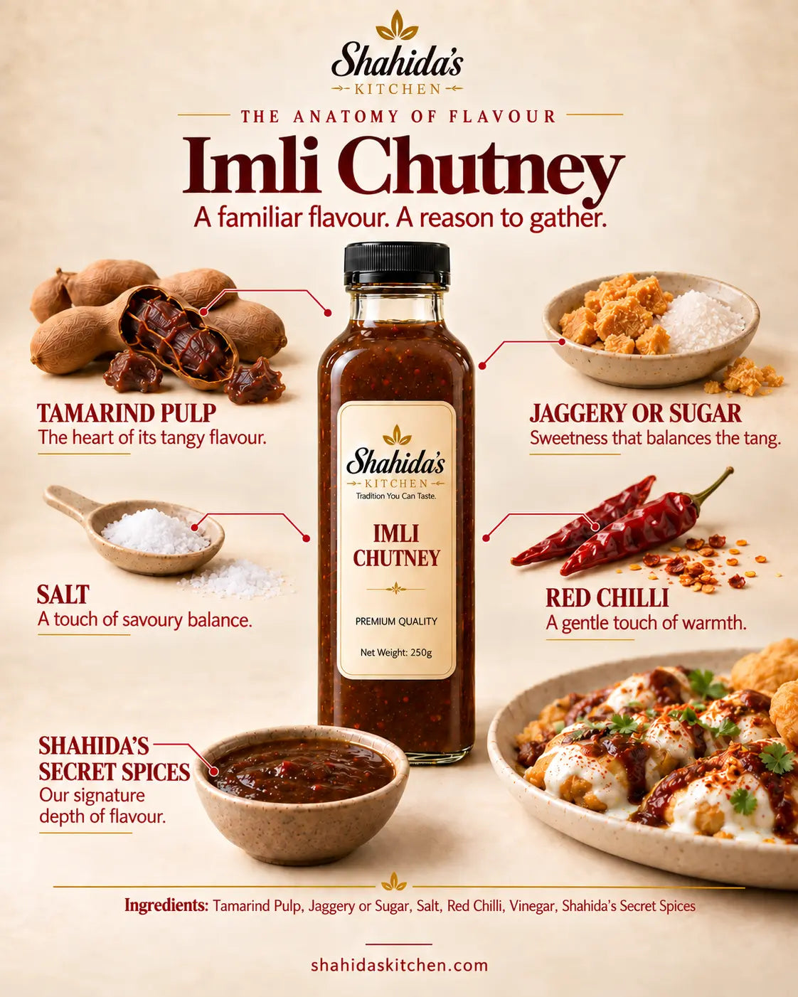 Shahida's Kitchen Imli Chutney ingredients: tamarind pulp, jaggery or sugar, salt, red chilli and secret spices