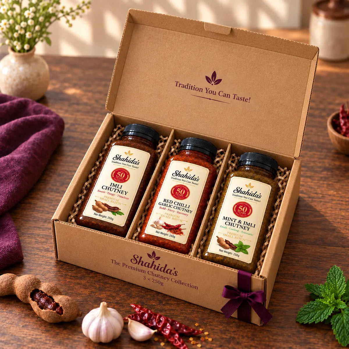 Shahida's Kitchen Premium Chutney Collection gift box with garlic, red chillies, tamarind and mint