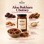 Shahida's Kitchen Aloo Bukhara Chutney with ingredients: dried plums, almonds, tamarind pulp, Chaar Maghaz and secret spices