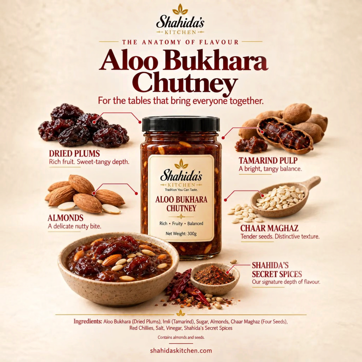 Shahida's Kitchen Aloo Bukhara Chutney with ingredients: dried plums, almonds, tamarind pulp, Chaar Maghaz and secret spices