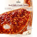 Close-up of Shahida's Kitchen Red Chilli & Garlic Chutney with labelled ingredients: red chillies, garlic, vinegar, salt