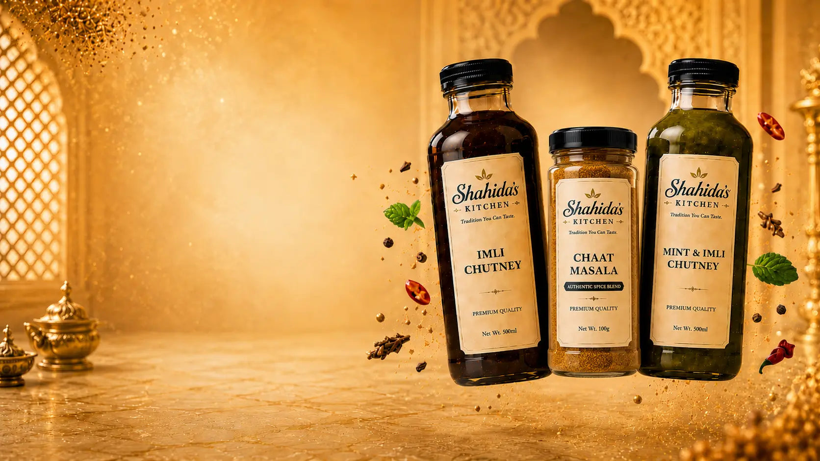 Shahida's Kitchen Imli Chutney, Chaat Masala and Mint & Imli Chutney bottles on a traditional Pakistani backdrop