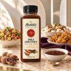 Shahida's Kitchen Imli Chutney 500g on marble with chana chaat, pakoray and dahi baray