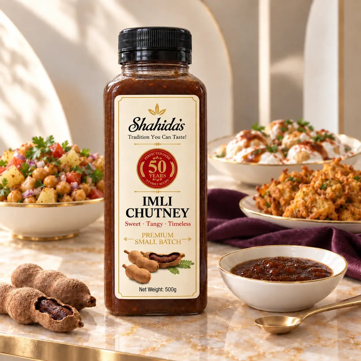 A bottle of Shahida's Imli Chutney stands on a marble surface, surrounded by bowls of prepared food including chaana chat, pakoray and dahi baray, in a styled kitchen setting. The product label is cream-colored with black and red text, and the bottle contains a dark reddish-brown chutney.