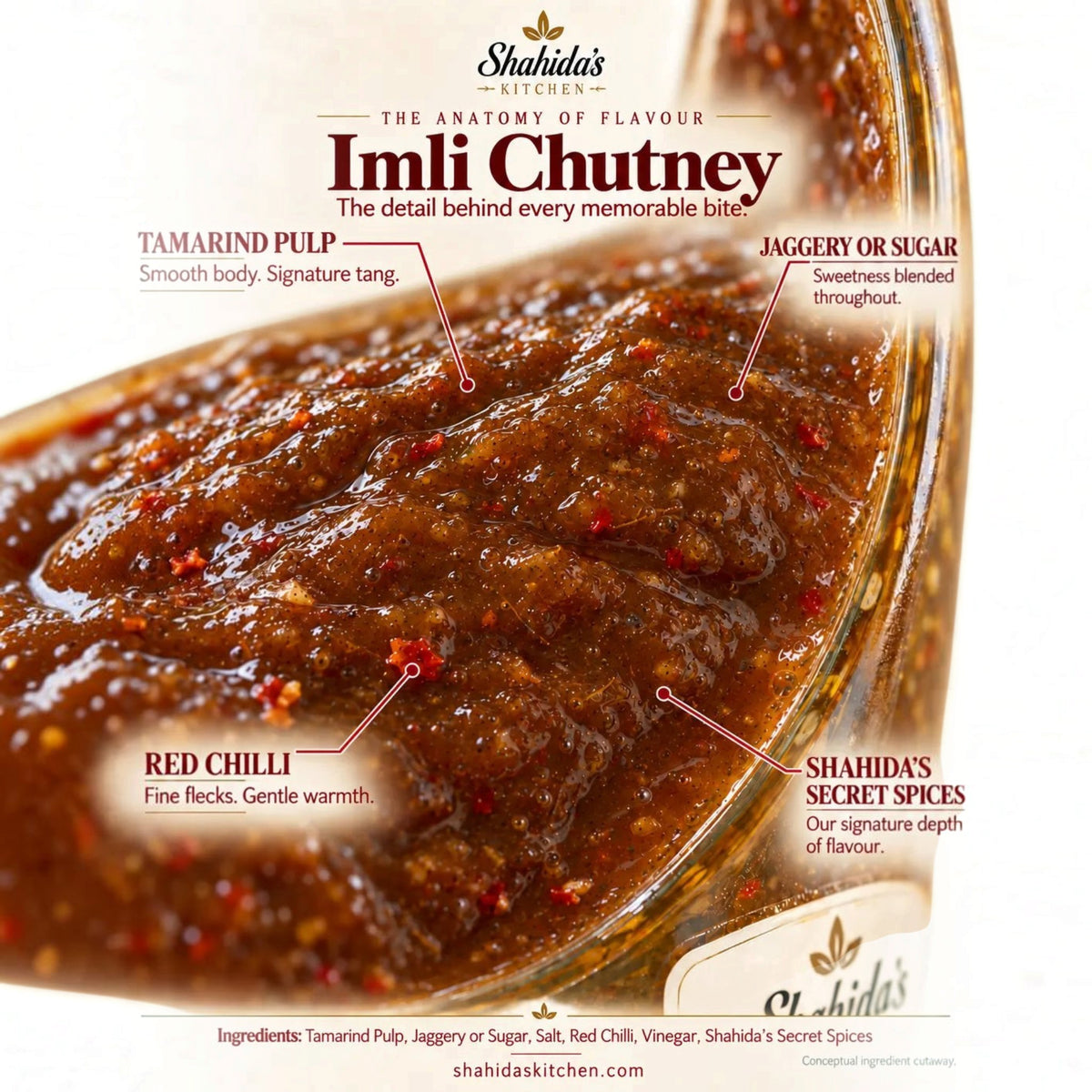 Close-up of Shahida's Kitchen Imli Chutney with labelled ingredients: tamarind pulp, jaggery or sugar, red chilli, spices
