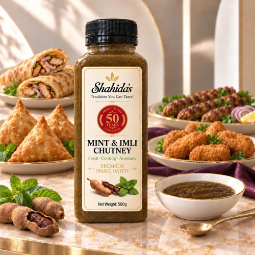 Shahida's Kitchen Mint & Imli Chutney 500g with samosas, a BBQ platter, wraps and fresh mint