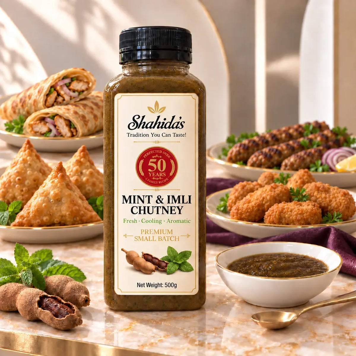 A bottle of Shahida's Mint & Imli Chutney stands on a marble surface surrounded by prepared food dishes, including samosas, BBQ platter, stuffed wraps, fried appetizers, mint leaves, and a small bowl of chutney. The bottle label is clearly visible, and the product is photographed in a styled kitchen/dining setting with warm lighting.