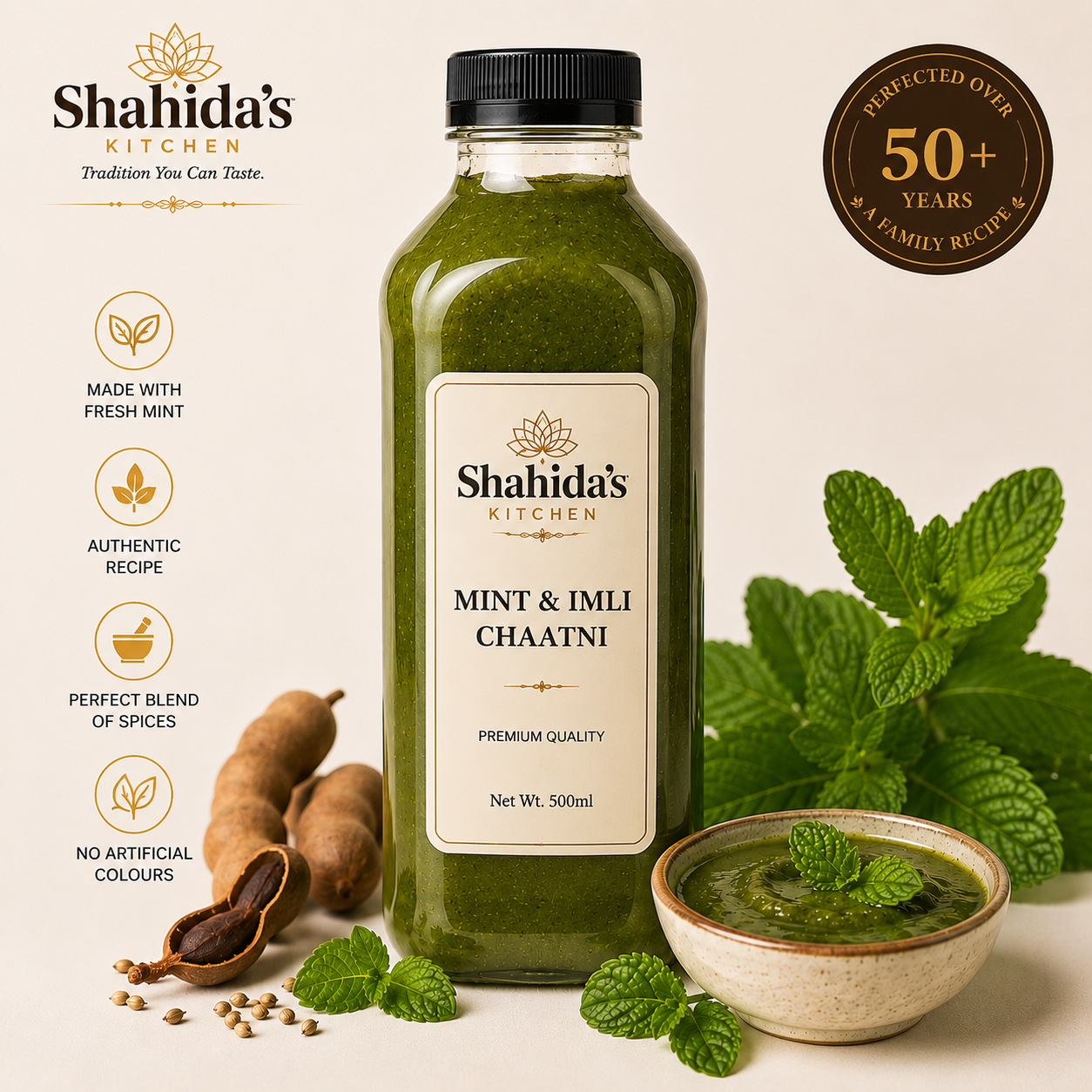 Shahida’s Kitchen Premium Mint & Imli Chaatni (500ml) Authentic, 25+ Years Old Secret Pudina Chutney Recipe