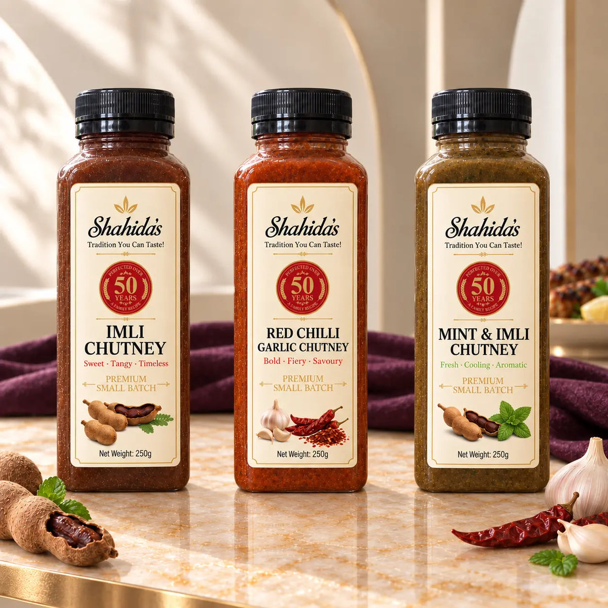 Three bottles of Shahida's Premium Small Batch Chutney arranged on a marble countertop with garlic, red chilies, and herbs around them. The bottles are labeled Imli Chutney, Red Chilli Garlic Chutney, and Mint & Imli Chutney.