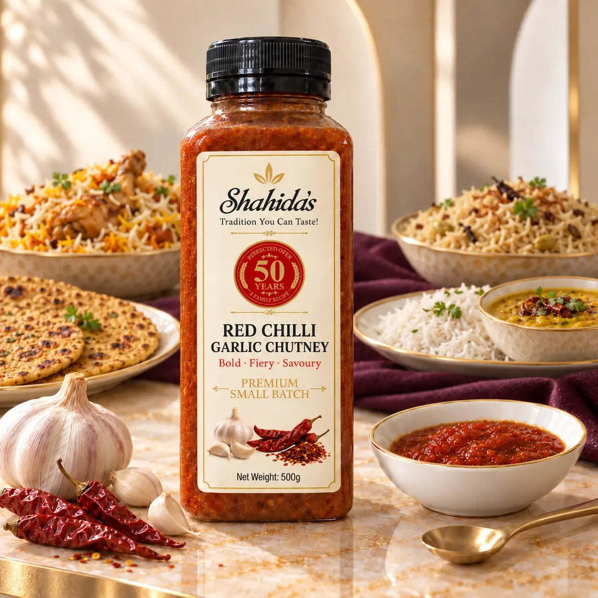 A bottle of Shahida's Red Chilli Garlic Chutney stands on a marble surface surrounded by food props including flatbread, rice dishes, garlic, red chilies, and a bowl of chutney, with warm sunlight and shadows in the background.