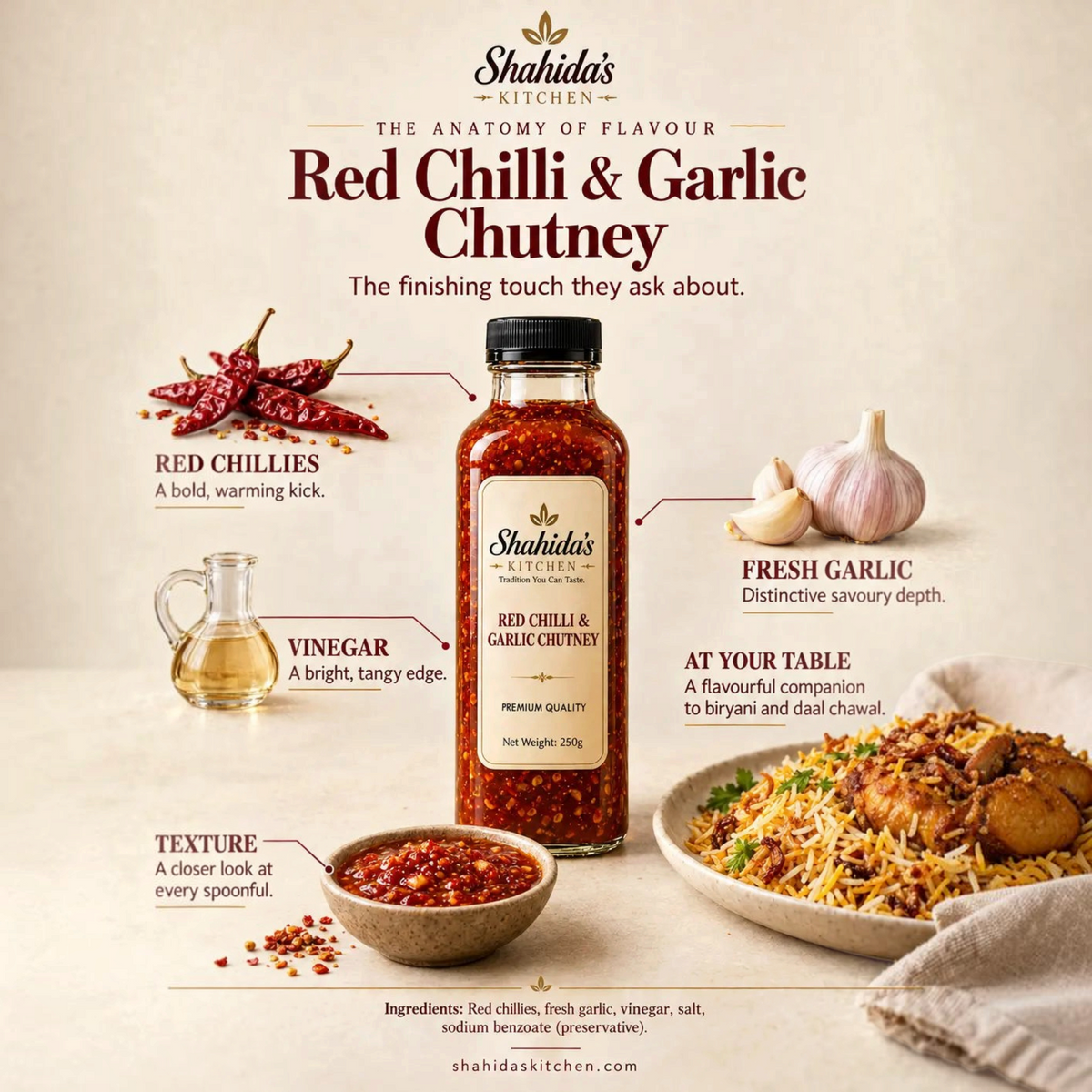 Shahida's Kitchen Red Chilli & Garlic Chutney ingredients: red chillies, fresh garlic and vinegar, served with biryani