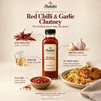 Shahida's Kitchen Red Chilli & Garlic Chutney ingredients: red chillies, fresh garlic and vinegar, served with biryani