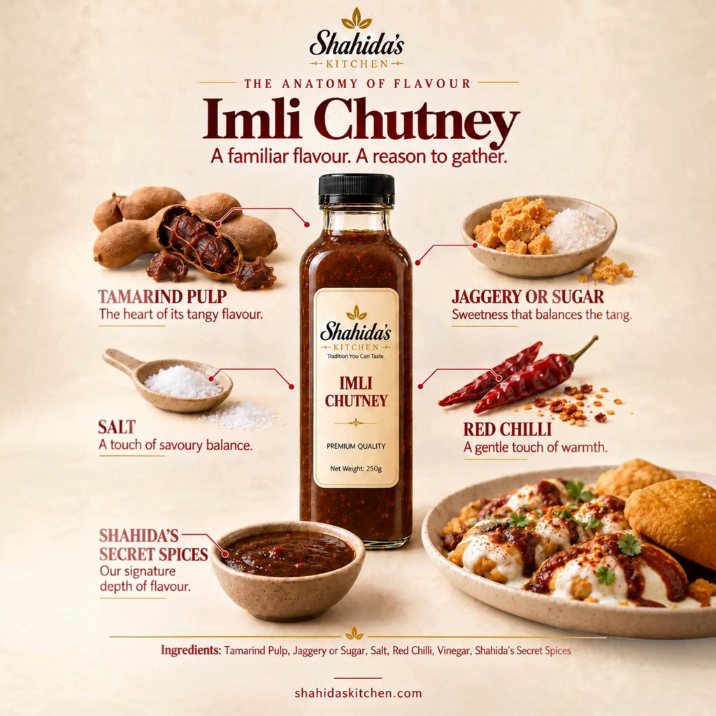 Shahida's Kitchen Imli Chutney ingredients: tamarind pulp, jaggery or sugar, salt, red chilli and secret spices