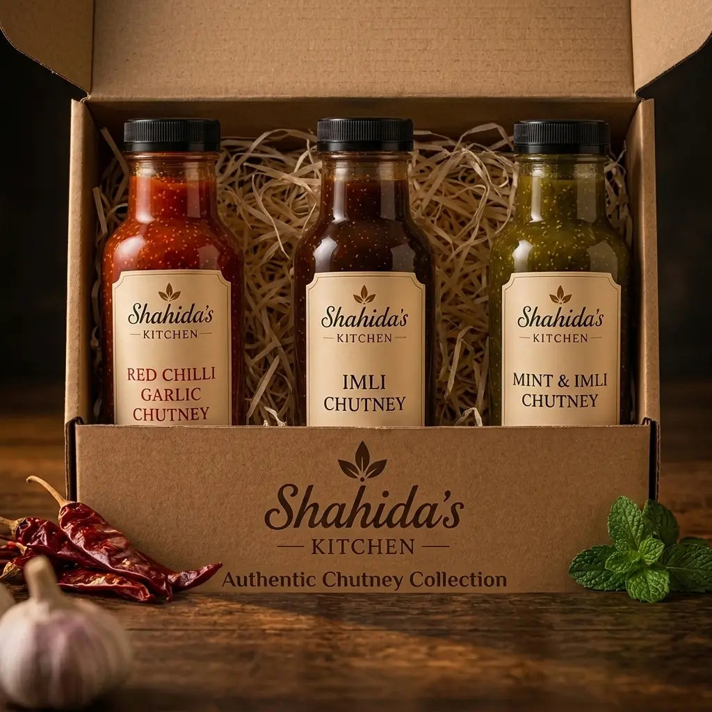 Shahida's Kitchen Premium Chutney Collection – Imli, Mint & Imli and Red Chilli & Garlic chutney bottles