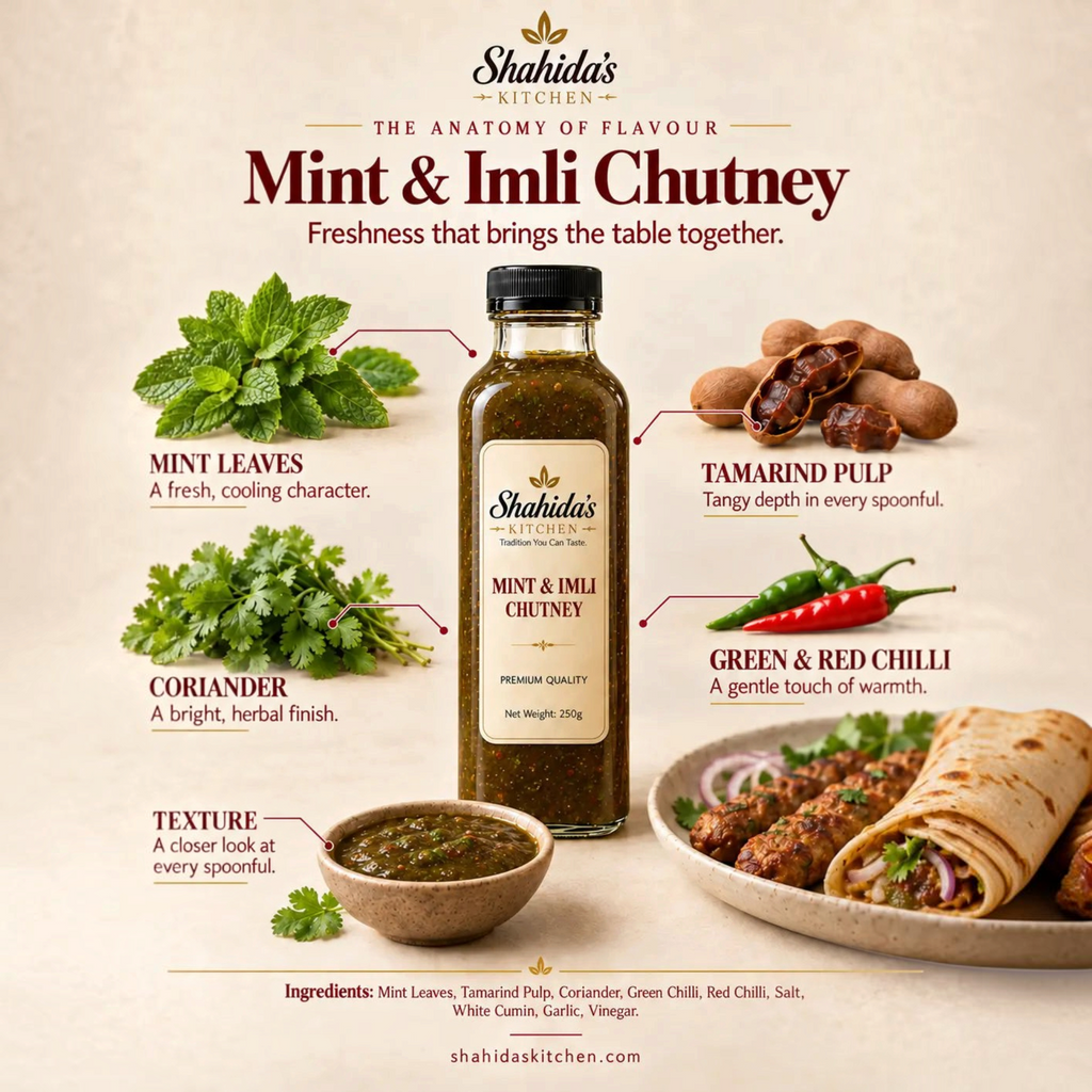 Shahida's Kitchen Mint & Imli Chutney ingredients: mint leaves, coriander, tamarind pulp and red chilli
