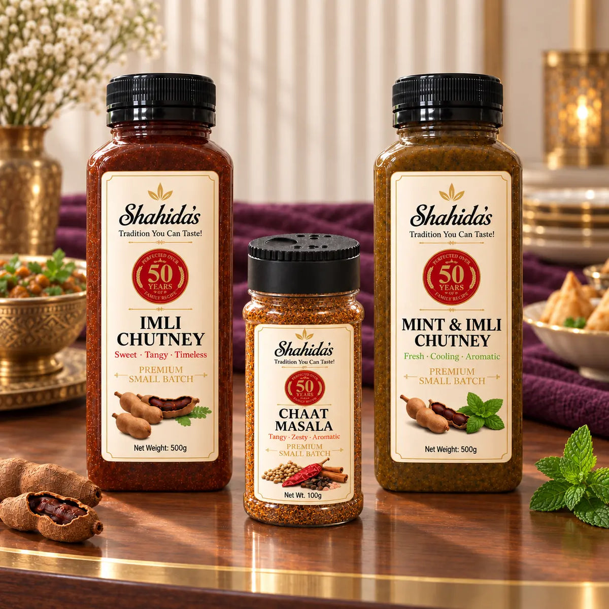 Three jars of Shahida's premium spices and chutneys arranged on a wooden table: a large bottle of Imli Chutney on the left, a smaller jar of Chaat Masala in the center, and a large bottle of Mint & Imli Chutney on the right. The background shows a softly blurred warm indoor setting with decorative flowers and dishes.