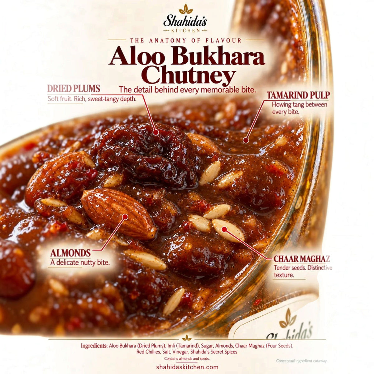 Close-up of Shahida's Kitchen Aloo Bukhara Chutney with labelled ingredients: dried plums, almonds, tamarind, Chaar Maghaz