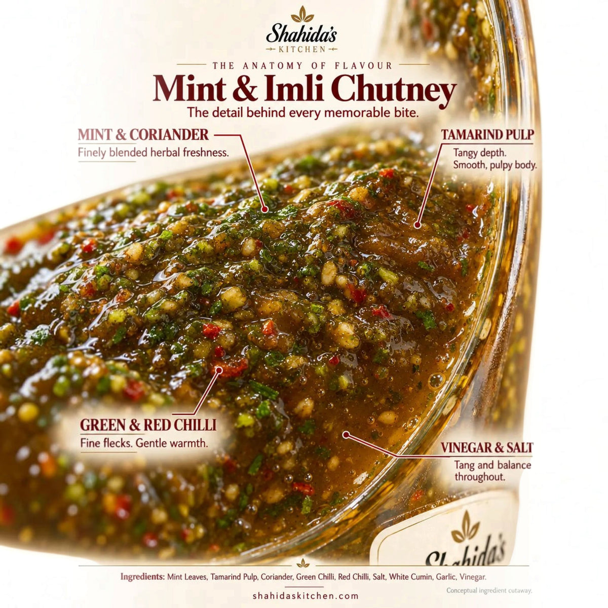 Close-up of Shahida's Kitchen Mint & Imli Chutney with its ingredients and texture labelled