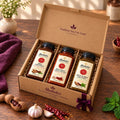 Shahida's Kitchen Premium Chutney Collection gift box: three 250g chutneys flavours red chilli garlic, imli and mint & imli chutneys.