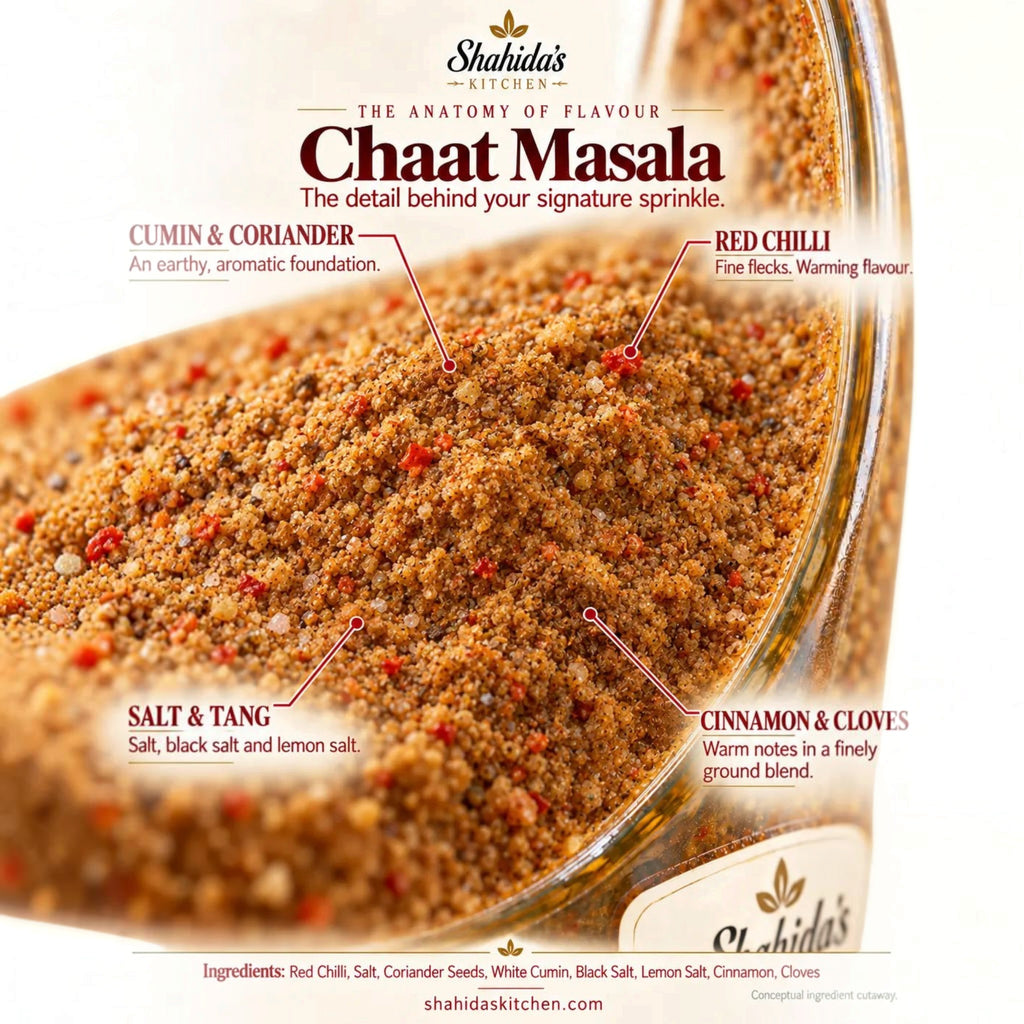 Close-up of Shahida's Kitchen Chaat Masala with labelled ingredients: cumin, coriander, red chilli, salt, cinnamon and cloves